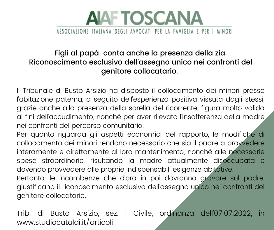 Figli al papà: conta anche la presenza della zia. Riconoscimento esclusivo dell’assegno unico nei confronti del genitore collocatario. 